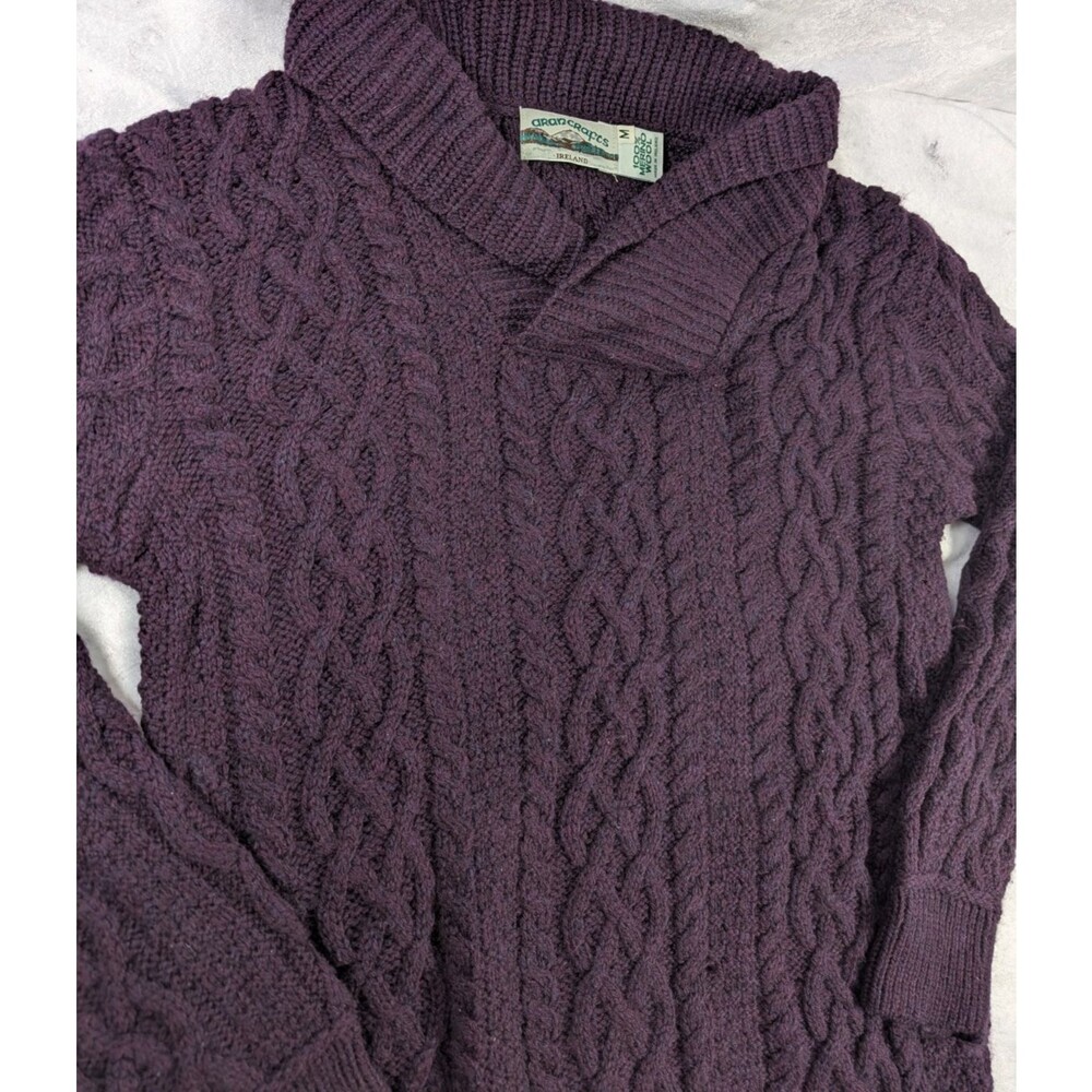 Aran Crafts Ireland Men's M Merino Wool Cable Knit Shawl Sweater Purple READ